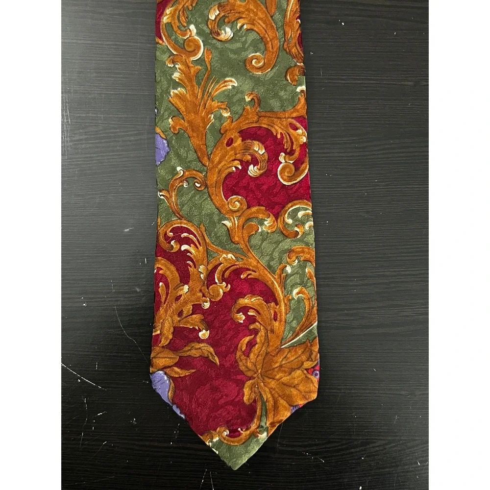 Bugatti‎ Mens Silk Tie Burgundy Green Baroque Floral Italian Jacquard Wide Blade